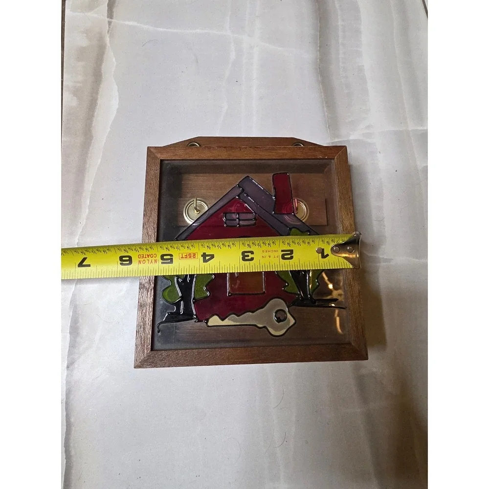Vintage Wooden Key Holder Box Wall Mount Stained Glass Style House 3 Hooks 6in - Picture 9 of 16